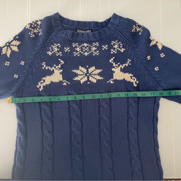 Land’s End Vintage 90’s Blue Cable Knit Fair Isle Reindeer Snowflake Sweater Med - Picture 4 of 7